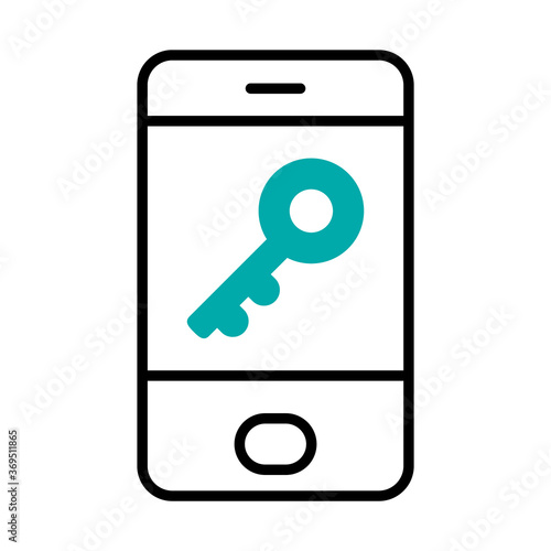 cyber security concept, smartphone with key icon on screen, half line half color style