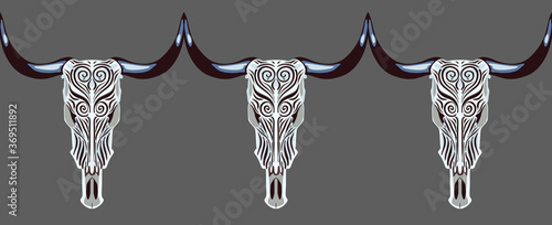 Ethnic Seamless Background of Cowl Skulls. Vector Illustration. Stylized Cow Skulls. Vector Illustration. Vector Pattern. Freehand Drawing. Free Hand Drawing. Art Nouveau Style.
