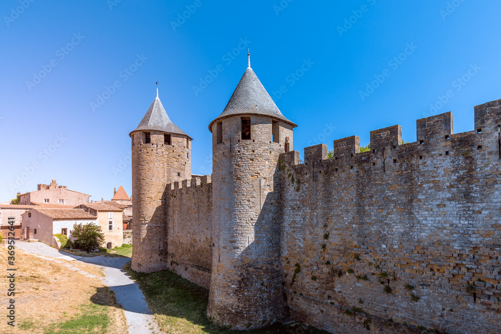 Castle walls and observation towers of medieval Carcassonne town