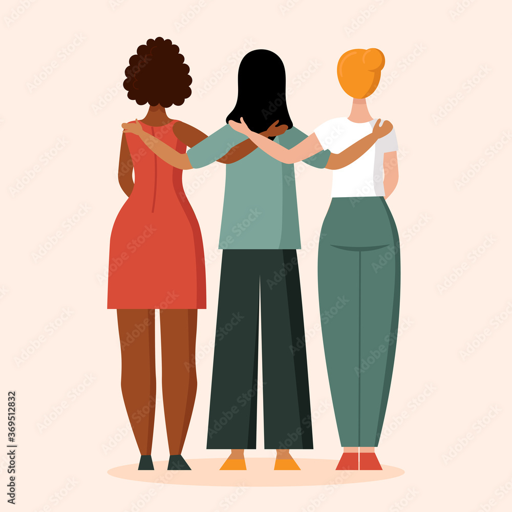 A woman with a different skin color stands with her back. The concept of anti racism, the unity of different races, a friendly hug. African, Asian and European races. Flat vector illustration isolated