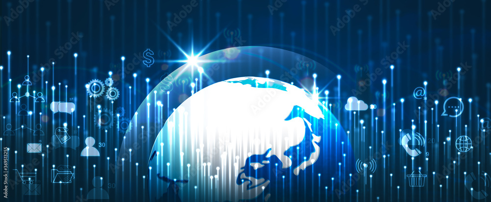 Communication technology, internet worldwide multimedia and World Global network connected on earth. Abstract science Panoramic banner with copy space Communication technology, internet worldwide multimedia and World Global network connected on earth. Abstract science Panoramic banner with copy space