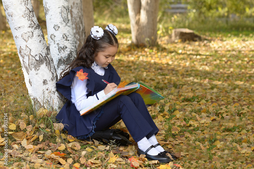 A schoolgirl with a book sits under a birch tree in an autumn forest. Elementary school student in the school park. A girl in a blue school uniform in an autumn park writes a red pen in a notebook.