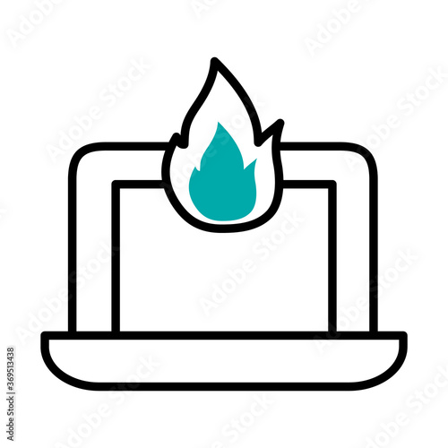 cyber security concept, laptop computer with fire flame icon, half line half color style