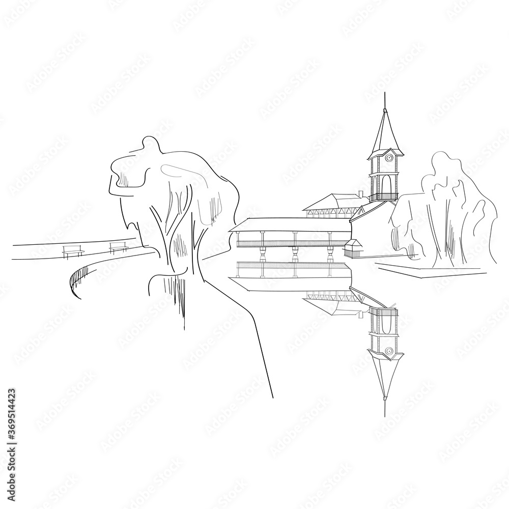 Obraz premium Sketch chapel over the lake.Vector monochrome freehand ink drawn background sketchy in art doodle antiquity style pen on paper with space for text on sky.