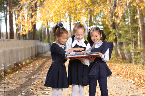 Schoolgirls read a book in a school alley. Girls in school uniforms stand against the background of autumn trees and read a book. Three school friends in autumn park laugh while reading a book