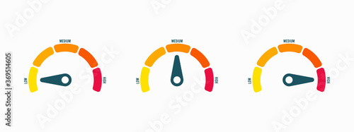 Radial scale from yellow to red with arrow hand pointer. Vector illustration.