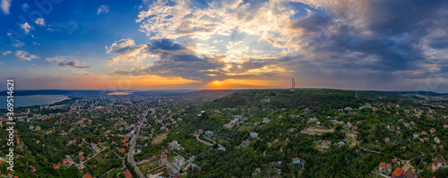 Stunning aerial panoramic view of sunset over the city Varna, Bulgaria.
