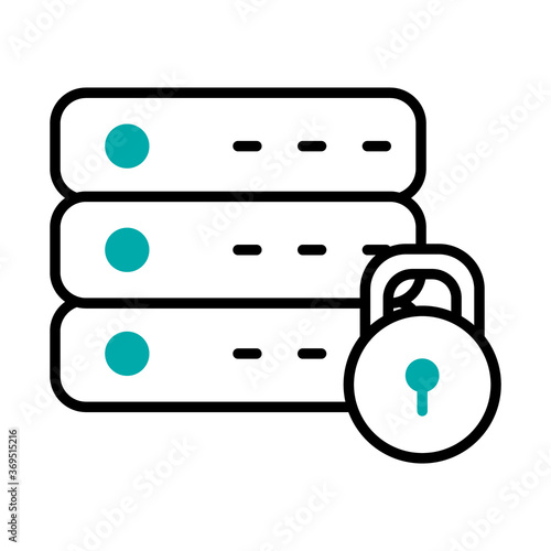 cyber security concept, data base routers and padlock icon, half line half color style