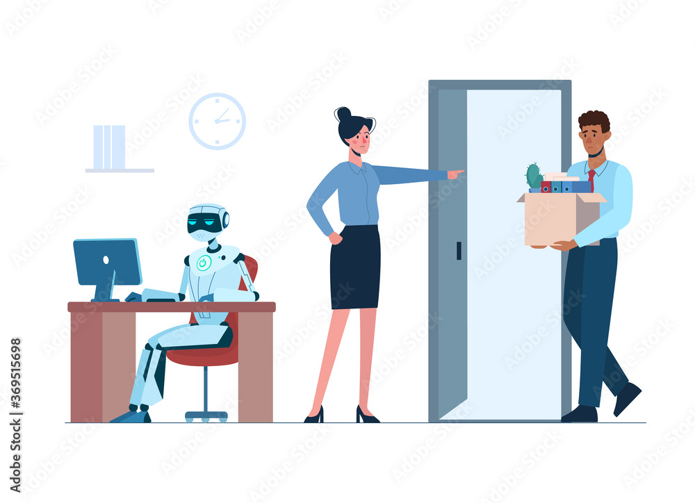 Ai, technologies of the future. Artificial intelligence has replaced human, he lost his job due to robotics. Flat vector isolated. The robot is in the workplace, and black man africans is fired Ai, technologies of the future. Artificial intelligence has replaced human, he lost his job due to robotics. Flat vector isolated. The robot is in the workplace, and black man africans is fired