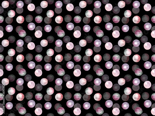 Seamless pattern. Colored transparent volumetric circles on a black background. Drawing watercolor.