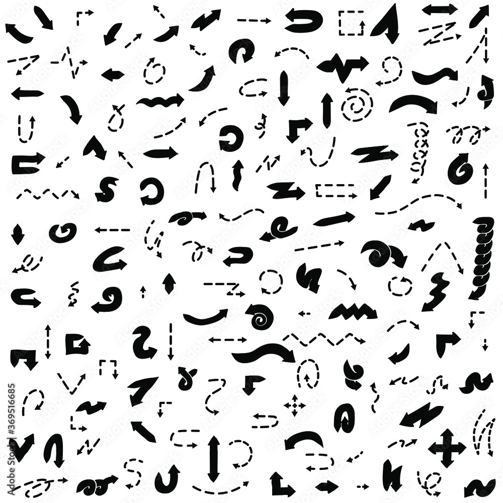 Naklejka premium Abstract Set Black Collection Hand Drawn Different Arrows Elements Vector Design Sketch Style Doodle Line Brush Icons