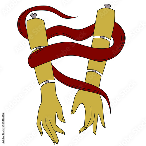 Vector illustration. Snake in hand. Alchemy, astronomy. Magic object. Red hands and a snake. Seance, witch's palm, cult of space and magic.Magic of the sun and moon.The religion of.