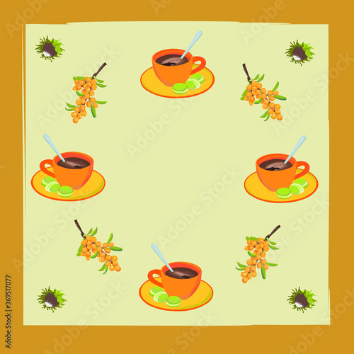 Backgraund image with a cup of coffee and sea buckthorn