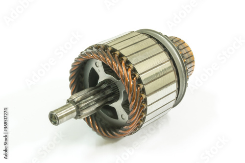 Old field coil starter motor on white background, isolated, Car maintenance service.
