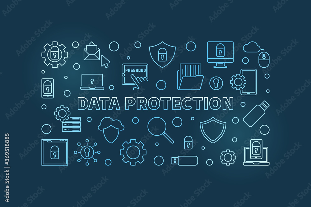 Vector Data Protection concept blue line horizontal illustration or banner on dark background