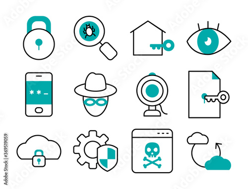 padlock and cyber security icon set, half line half color style