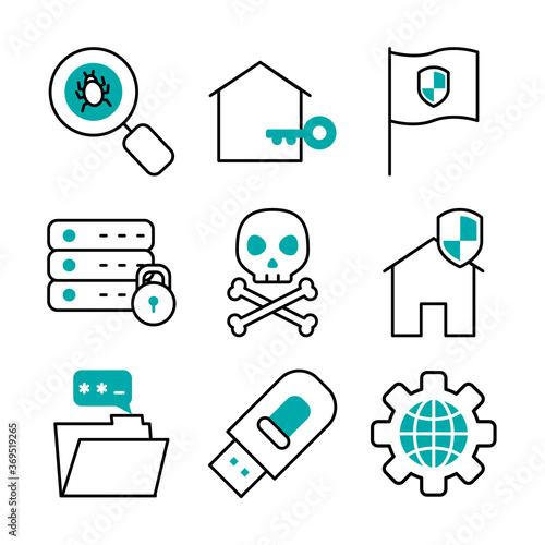 icon set of flag and cyber security, half line half color style
