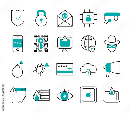 hacker and cyber security icon set, half line half color style