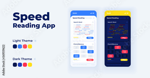 Speed reading app cartoon smartphone interface vector templates set. Mobile app screen page day and night modes design. Comprehension exercise UI for application. Phone display with flat illustrations