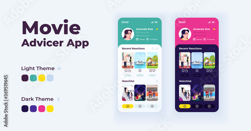 Movie advisor app cartoon smartphone interface vector templates set. Mobile app screen page day and night modes design. Film suggestions UI for application. Phone display with flat illustrations