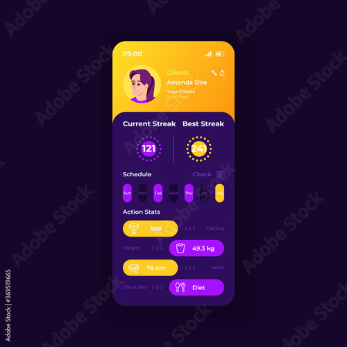 Gym owners and coachers app smartphone interface vector template. Mobile app page night mode design layout. Best streak function on screen. Flat UI for application. Yoga classes client phone display