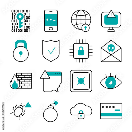 bomb and cyber security icon set, half line half color style