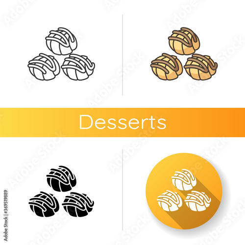 Profiteroles icon. Cream puffs with chocolate sauce. National French sweets. Traditional cuisine of France. European confection. Linear black and RGB color styles. Isolated vector illustrations