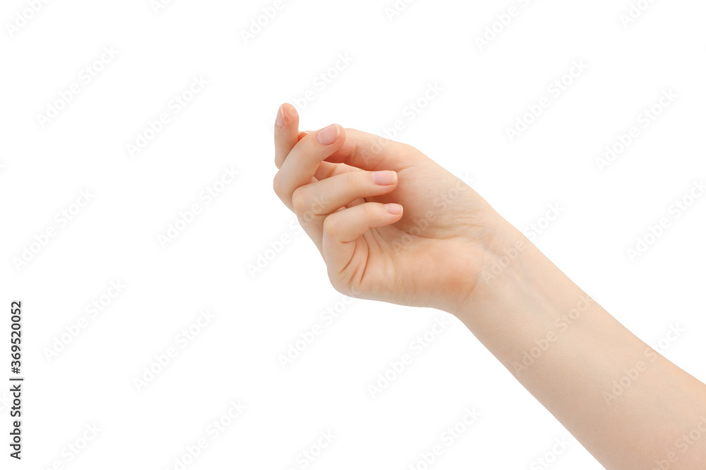 Fototapeta premium Female hand with natural manicure pointing up, without nail polish. Isolated on white background.