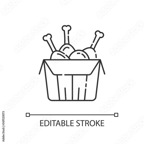 Tandoori chicken pixel perfect linear icon. Fast food meat in box. Hen leg and wings. Thin line customizable illustration. Contour symbol. Vector isolated outline drawing. Editable stroke