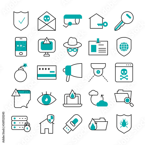 icon set of usb and cyber security, half line half color style