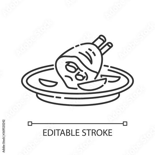 Roasted pork knuckle pixel perfect linear icon. German meat dish. Traditional european meal. Thin line customizable illustration. Contour symbol. Vector isolated outline drawing. Editable stroke