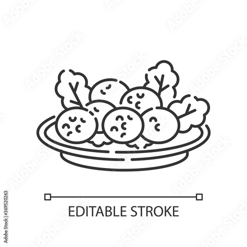 Falafel pixel perfect linear icon. Deep fried ball dish. Traditional eastern meal. Thin line customizable illustration. Contour symbol. Vector isolated outline drawing. Editable stroke