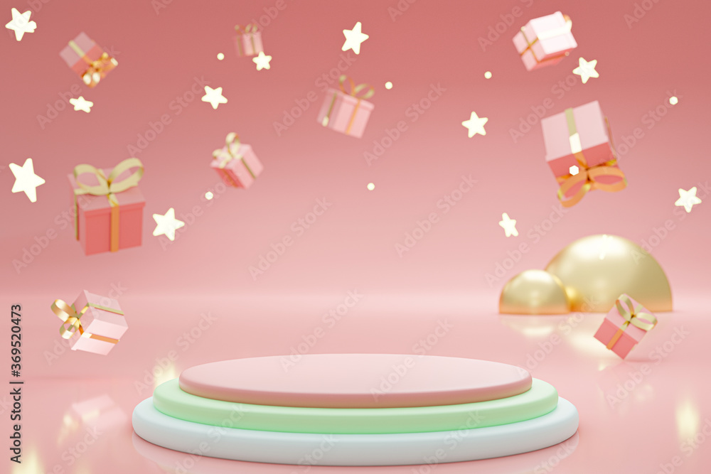 Blank colorful cylinder podium 3 step on pink background with blured drop gift boxes, showcase for product. 3D render Blank colorful cylinder podium 3 step on pink background with blured drop gift boxes, showcase for product. 3D render