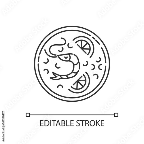 Paella pixel perfect linear icon. Spanish rice dish with seafood. Hot meal with fresh shrimp. Thin line customizable illustration. Contour symbol. Vector isolated outline drawing. Editable stroke