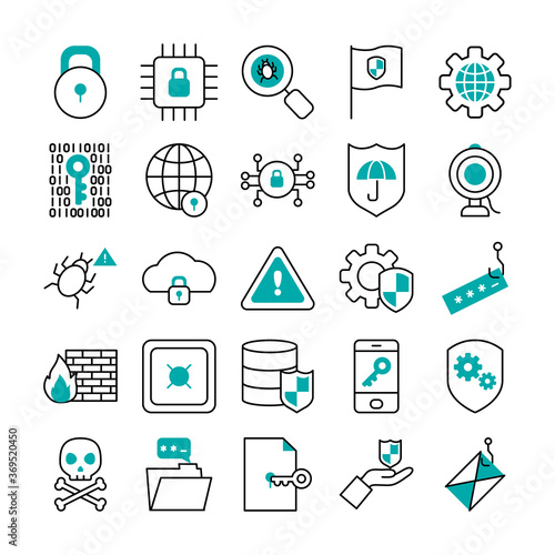warning sign and cyber security icon set, half line half color style
