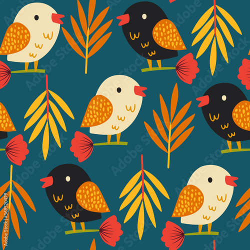 Autumn seamless pattern. Autumn art print with birds. Modern fall seasonal decor. Botany design for wrapping paper, fabrics, covers and cards.