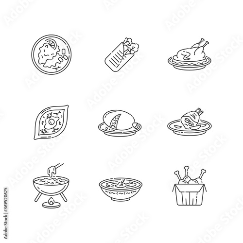 Cafe meals pixel perfect linear icons set. Wrapped shawarma with meat and lettuce. Khachapuri recipe. Customizable thin line contour symbols. Isolated vector outline illustrations. Editable stroke