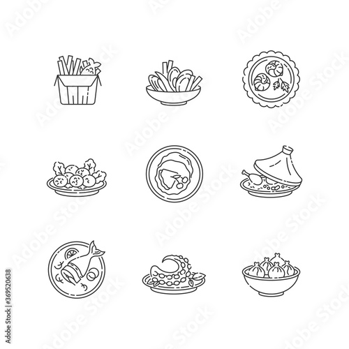 Restaurant dishes pixel perfect linear icons set. Fish and chips. Moules frites. Falafel dish. Customizable thin line contour symbols. Isolated vector outline illustrations. Editable stroke