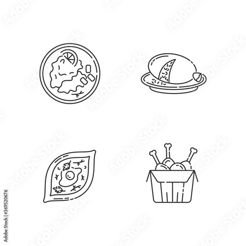 Fast food pixel perfect linear icons set. Scottish haggis. Wiener schnitzel. Georgian khachapuri. Customizable thin line contour symbols. Isolated vector outline illustrations. Editable stroke
