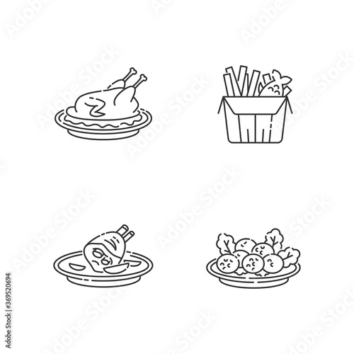 National cookery pixel perfect linear icons set. Fast food. Peking duck. British fish and chips. Customizable thin line contour symbols. Isolated vector outline illustrations. Editable stroke