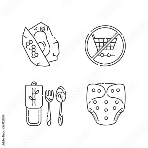 Anti consumerist lifestyle linear icons set. Beeswax food wrap, bamboo cutlery and cloth diaper customizable thin line contour symbols. Isolated vector outline illustrations. Editable stroke