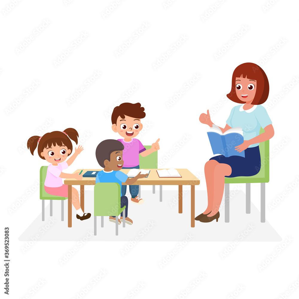 Little students and teacher learning in the classroom. Concept vector illustration for education and back to school. Little students and teacher learning in the classroom. Concept vector illustration for education and back to school.