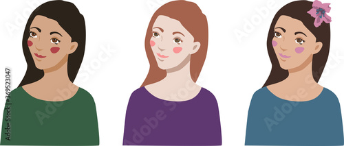Set of three girl portraits. Vector collection with women of different nationalities and cultures.