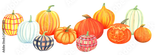 Clipart set with autumn colorful checkered pumpkin. Isolated elements on a white background. Hand painted in watercolor.