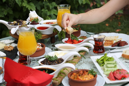 having breakfast at a table