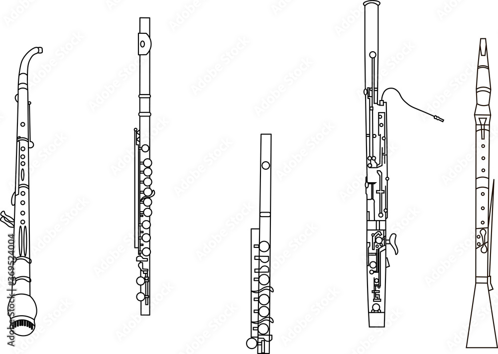 Black line drawings of outline English horn, flute, piccolo, bassoon