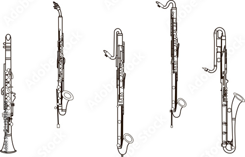 Fotótapéta Black line drawings of outline Soprano Clarinet, Alto and Contra Alto Clarinet,