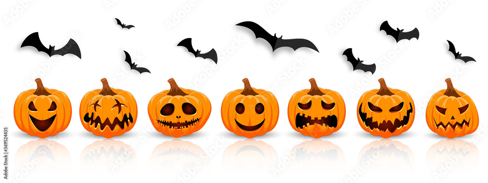 Set pumpkin on white background with black bat. The main symbol of the Happy Halloween holiday. Orange pumpkin with smile for your design for the holiday Halloween.