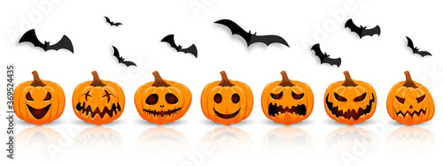 Set pumpkin on white background with black bat. The main symbol of the Happy Halloween holiday. Orange pumpkin with smile for your design for the holiday Halloween.