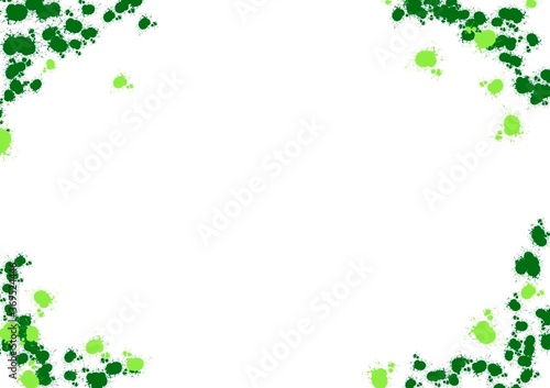 Abstract backgrounds. Hand drawn various shapes objects. Green spots that resemble droplets of watercolor with dark and light green in four corners inadvertently colored. Isolated white background.
